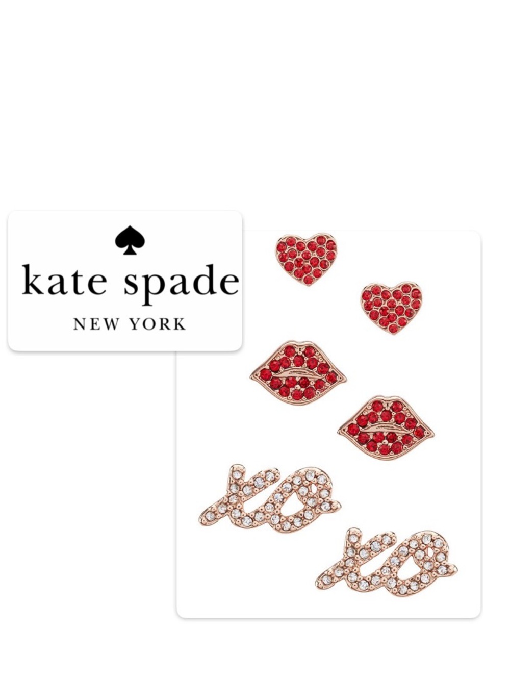 NWT [kate spade] Love Studs Earrings Set of 3x Rose Gold/Red Hearts Lips XOXO